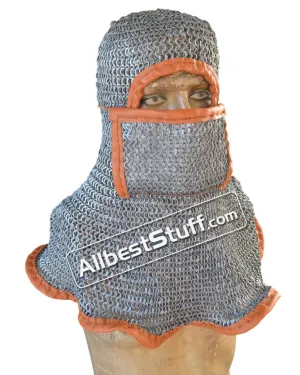 Chainmail Round Riveted Coif with Linen Fabric Ventail